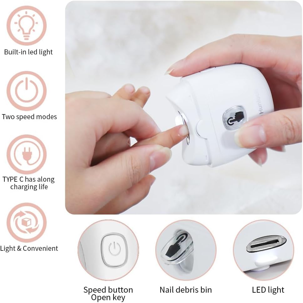 Hunloch Electric Nail Clipper, Electric Nail Trimmer with Nail Clip Storage and LCD Light, USB Rechargeable Automatic Nail Clipper for Adults, Seniors, Babies, Children (White)