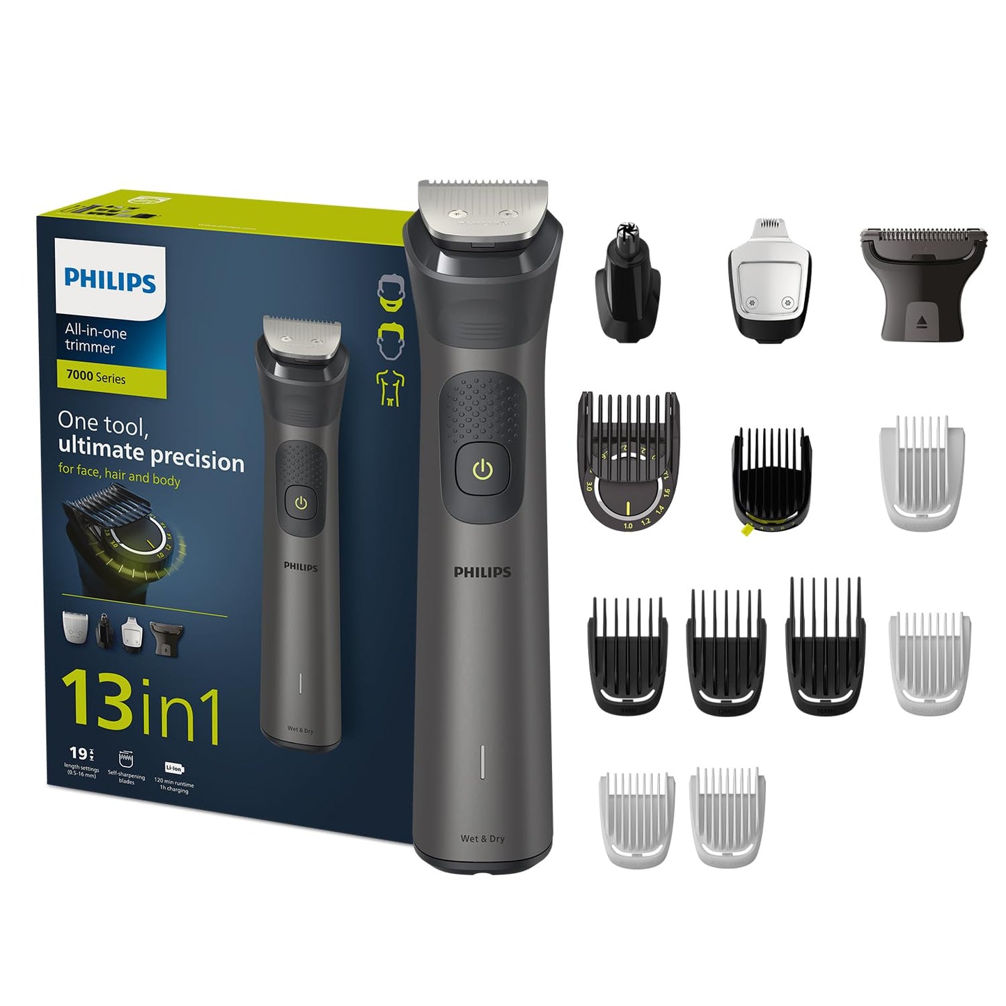Philips Multigroom 3000 MG3720/33 | 7-in-1 All-in-One Trimmer for Face & Hair | Maintenance-Free Blades, Nose & Ear Trimmer | 60min Cordless Use, Includes Nose & Ear Trimmer, Hair & Beard Combs