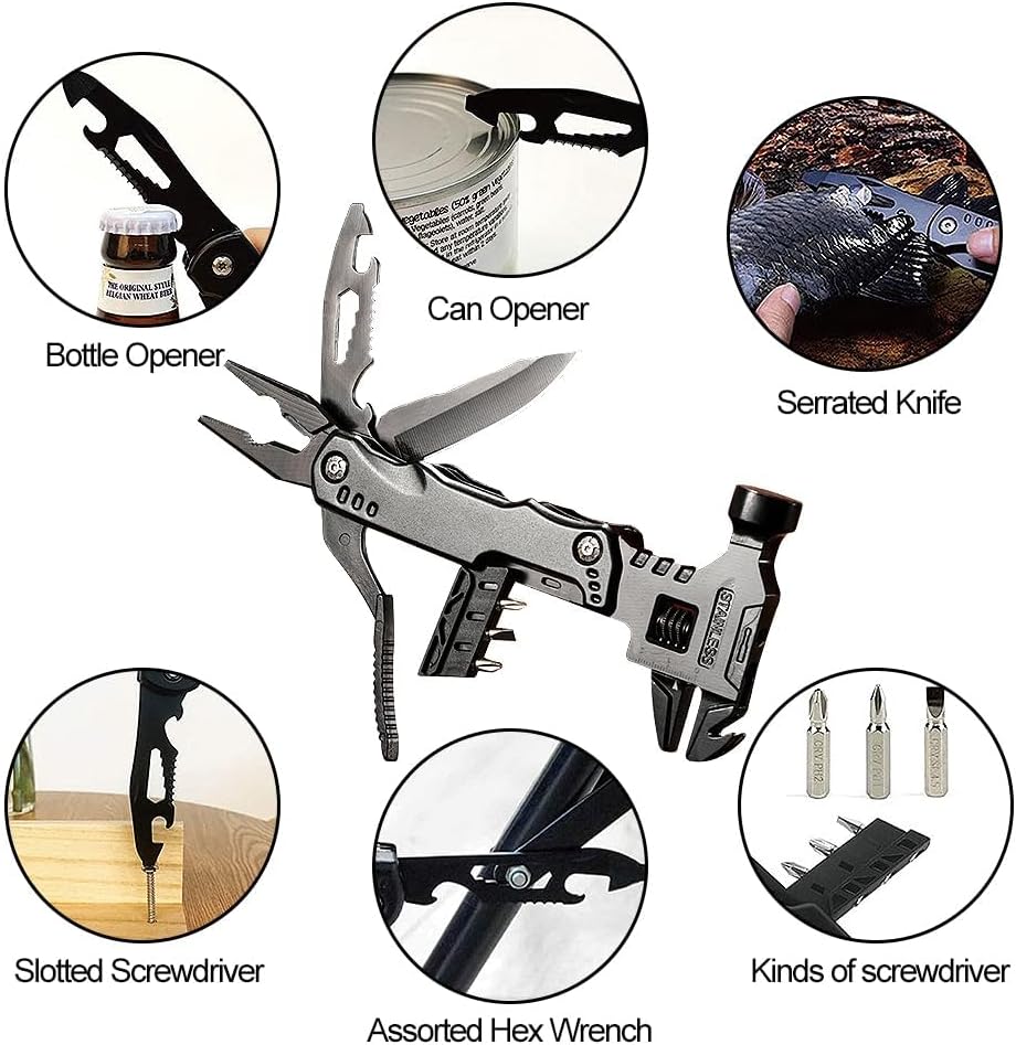 QXRSOP Tool Hammer,16 in 1 Multi-Tool Camping Accessories Outdoor Survival Tools Hand Tool Screwdriver Pliers Bottle Key adjustable wrench Gifts Extra Strong High Carbon Stainless Steel