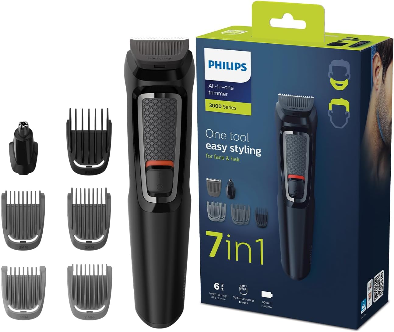 Philips Multigroom 3000 MG3720/33 | 7-in-1 All-in-One Trimmer for Face & Hair | Maintenance-Free Blades, Nose & Ear Trimmer | 60min Cordless Use, Includes Nose & Ear Trimmer, Hair & Beard Combs