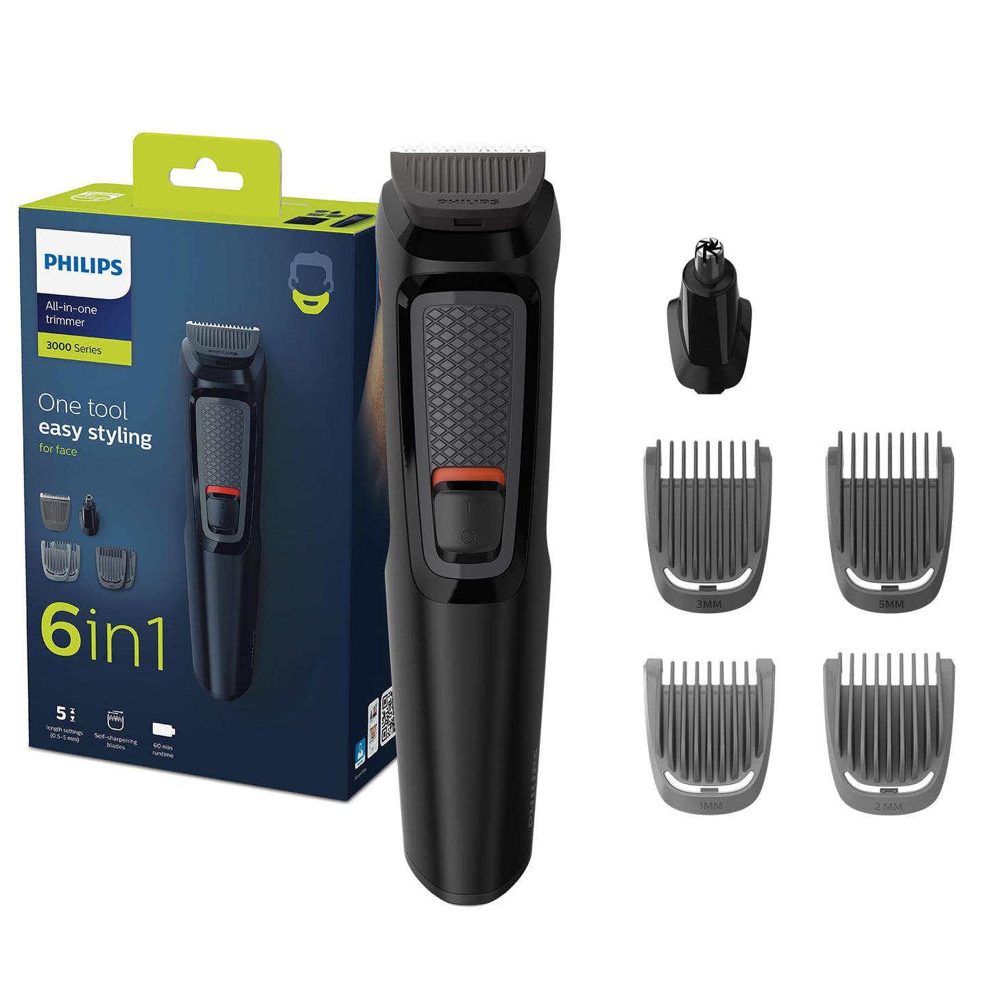 Philips Multigroom 3000 MG3720/33 | 7-in-1 All-in-One Trimmer for Face & Hair | Maintenance-Free Blades, Nose & Ear Trimmer | 60min Cordless Use, Includes Nose & Ear Trimmer, Hair & Beard Combs
