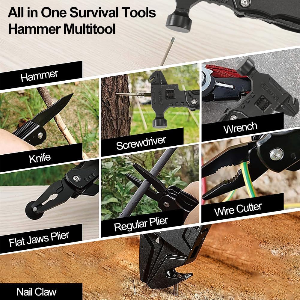 QXRSOP Tool Hammer,16 in 1 Multi-Tool Camping Accessories Outdoor Survival Tools Hand Tool Screwdriver Pliers Bottle Key adjustable wrench Gifts Extra Strong High Carbon Stainless Steel
