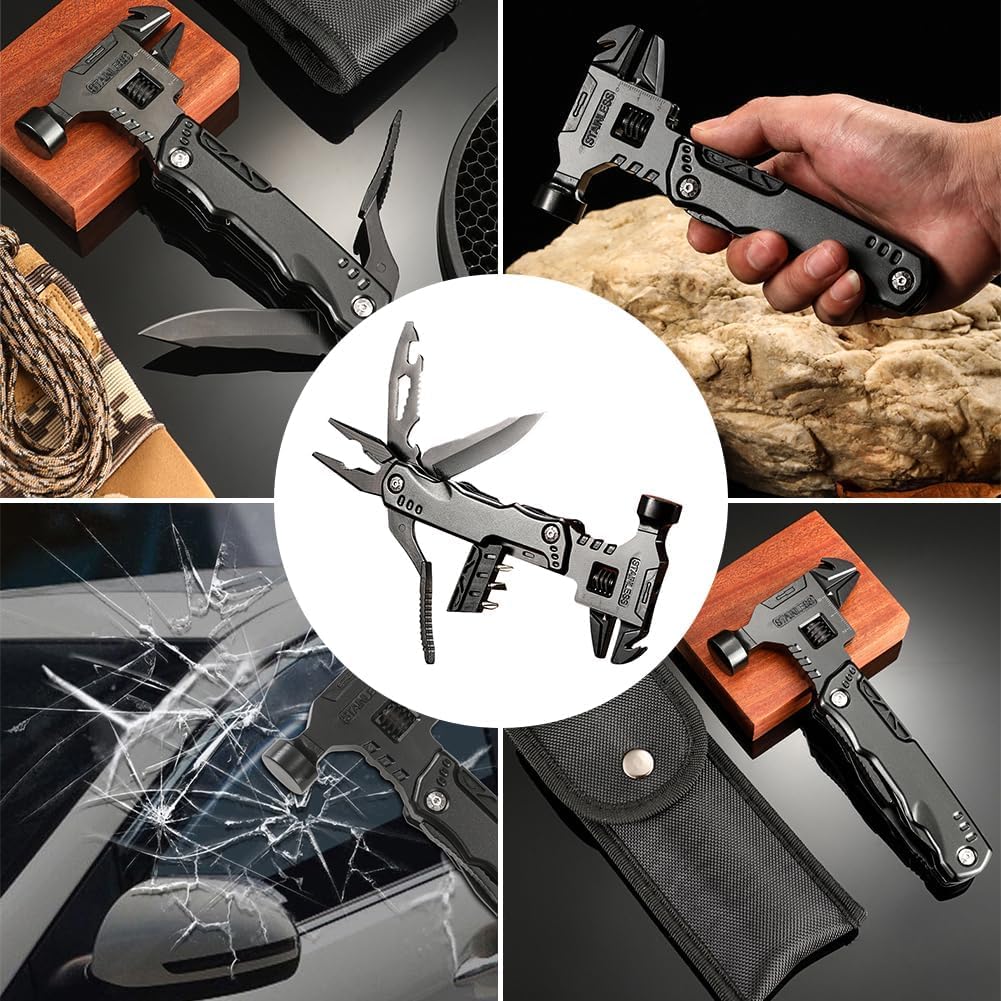 QXRSOP Tool Hammer,16 in 1 Multi-Tool Camping Accessories Outdoor Survival Tools Hand Tool Screwdriver Pliers Bottle Key adjustable wrench Gifts Extra Strong High Carbon Stainless Steel