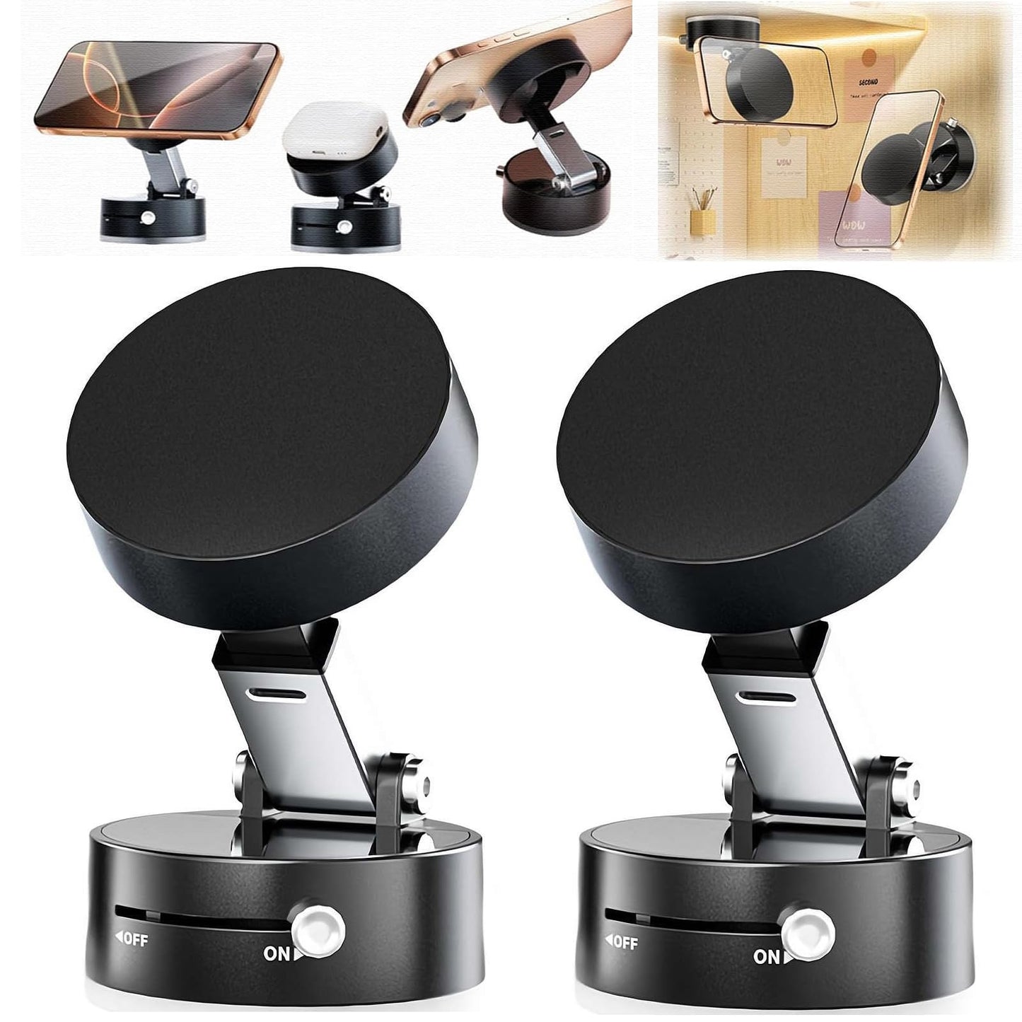 Vacuum Suction Magnetic Car Phone Holder, Azonee 360° Rotatable & Folding Phone Mount with Strong Grip, Hands-Free Use in Car, Gym, Home, for Magsafe Phones & Android (Black, Includes 2 Magnet Rings)