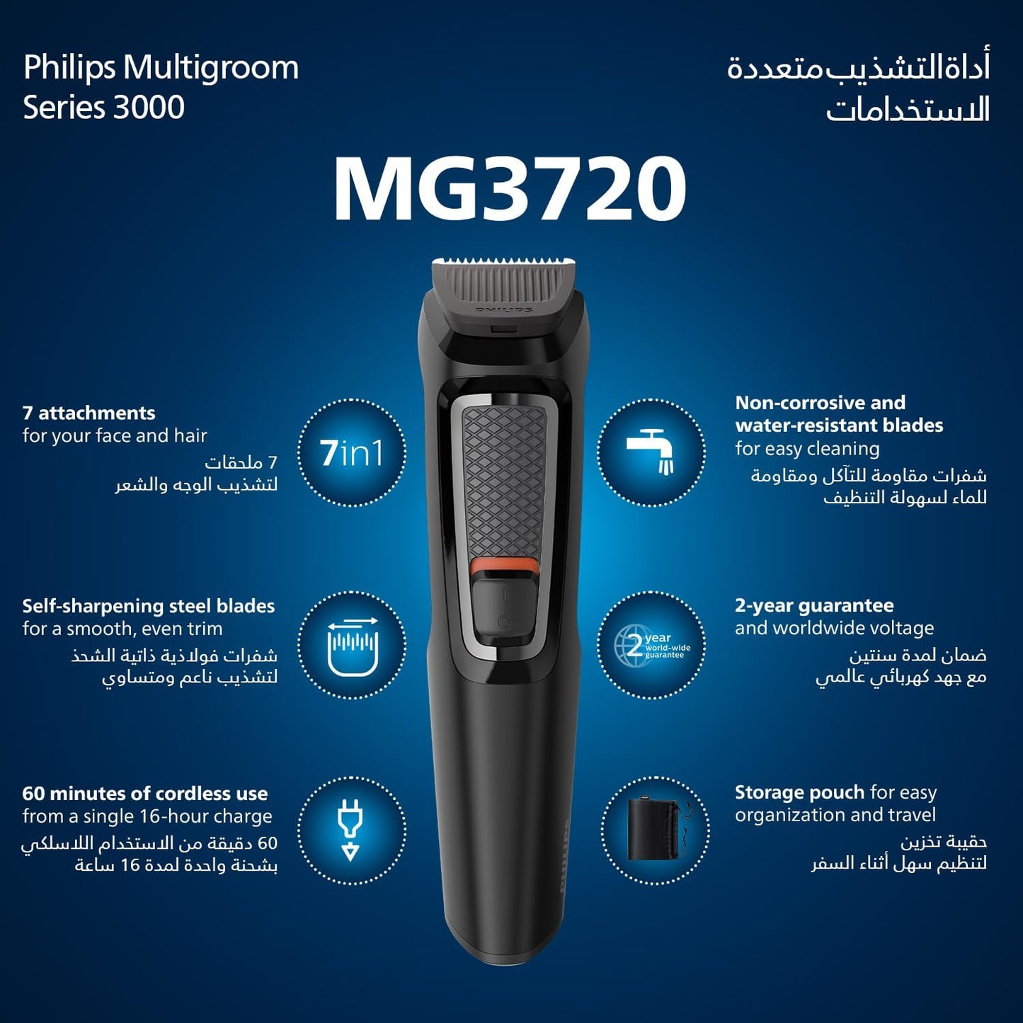 Philips Multigroom 3000 MG3720/33 | 7-in-1 All-in-One Trimmer for Face & Hair | Maintenance-Free Blades, Nose & Ear Trimmer | 60min Cordless Use, Includes Nose & Ear Trimmer, Hair & Beard Combs