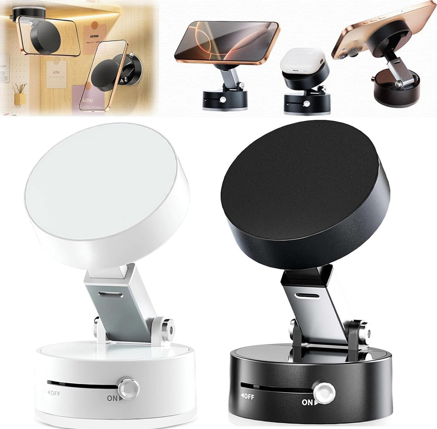 Vacuum Suction Magnetic Car Phone Holder, Azonee 360° Rotatable & Folding Phone Mount with Strong Grip, Hands-Free Use in Car, Gym, Home, for Magsafe Phones & Android (Black, Includes 2 Magnet Rings)